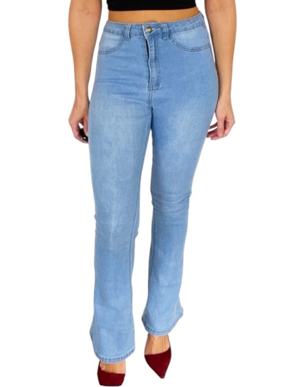 Fashion Nova light wash high waist flare leg stretch jeans